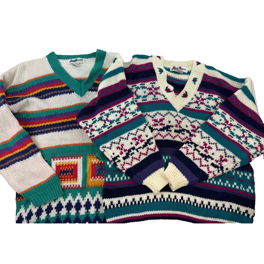 AJ Brandon Sweater Pullover Lot of 2 Colorful Knit Vintage Ramie VNeck Women L M